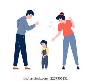 Abuso infantil en la familia. Padres violentos con niños, gritan madre y padre. Un solo chico y padres enojados. Escena vectorial reciente de una pareja abusiva de caricaturas