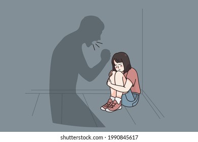 Child abuse and fear concept. Small stressed girl cartoon character sitting on floor listening to her Father shadow yelling at her feeling upset and depressed vector illustration 