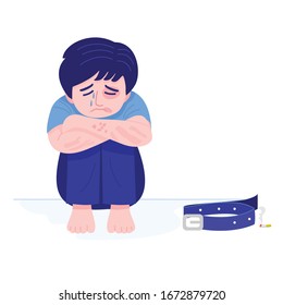 Child abuse, Illustration of a boy with bruises sitting alone crying. Vector 