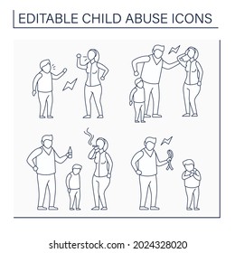 Child abuse line icons set.Physical and emotional harm. Parental substance use, relationship difficulties. Crime concept. Isolated vector illustration. Editable stroke