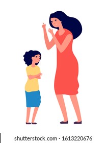 Child abuse. Parent abusing kid, mother shouts to unhappy daughter. Woman scolds sad girl, family problems. Vector conflict illustration