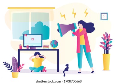 Child abuse. Parent abusing kid, mother shouts in loudspeaker to unhappy daughter. Cartoon woman scolds unhappy teenage girl hides under the table. Family problems concept. Home conflict. Trendy vector