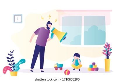 Child abuse. Parent abusing kid, father shouts in loudspeaker to unhappy son. Cartoon angry man scolds at crying boy. Family problems concept. Home conflict. Trendy flat vector illustration