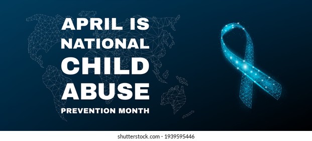 Child Abuse Prevention Month.  Annual in April in United States. Banner template with glowing low poly. Futuristic modern abstract. Isolated on dark background. Vector illustration