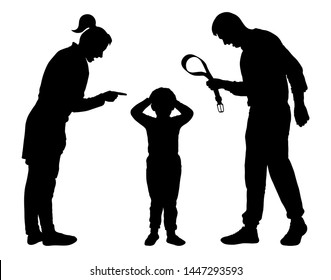 Child Abuse Silhouette Vector. Parents Scold The Child. Juvenile Justice