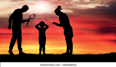 Child abuse silhouette vector. Parents scold the child. Juvenile justice. (Clipping mask)
