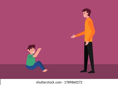 Child abuse vector concept: angry father hitting and scolding his son