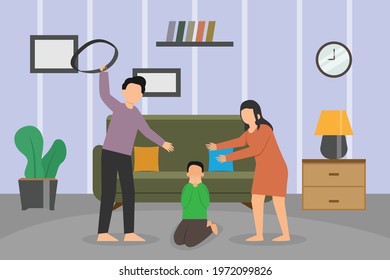 Child abuse vector concept: Young father hitting his son with his belt while mother help him