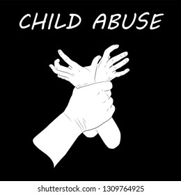 Child abuse. Violence against children. Thin line design vector illustration. Man's hand holding kid's hands. Black background.