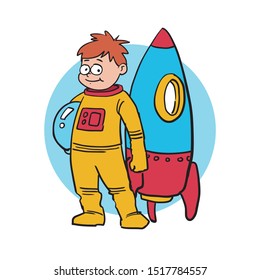 Child act like an astronaut with rocket on background as Professional in the future