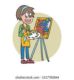 Child act like an painter artist and holding a brush and paint as Professional for the future