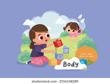 child activity illustration, with body part theme, high quality illustration