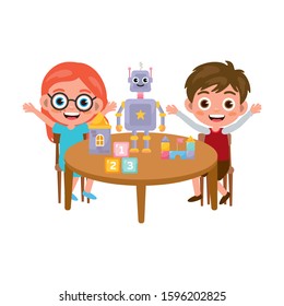 Child activity illustration. Little boy and girl play games on a table. Happy childhood. Kindergarten playroom.  Kids playing. Vector illustration in cartoon style.