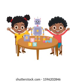 Child activity illustration. Little boy and girl play games on a table. Happy childhood. Kindergarten playroom.  Kids playing. Vector illustration in cartoon style.