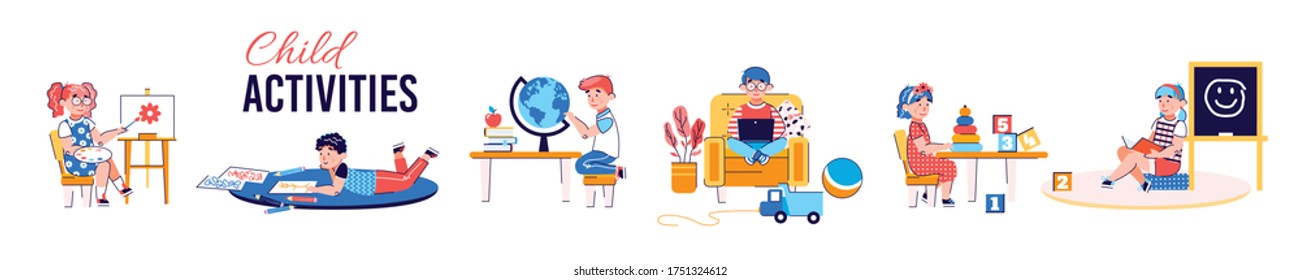 Child activity set - cartoon children education and leisure activities isolated on white background. Elementary school kids playing, learning - vector illustration.