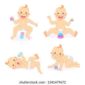 Child activity vector, set of isolated kid playing with toys for cognitive abilities development. Cute baby wearing diaper and holding bottle with meal