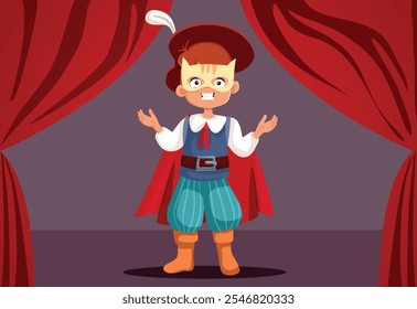 
Child Actor in Puss in Boots Character Costume Vector Illustration. Happy boy performing on stage wearing mask and dramatic clothing
