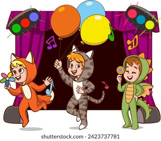 Child Actors Performing Theater on Stage.Color Vector Illustration with Talented School Children Theater Performance.Happy Kids Showing Their Artistic Talents In Show