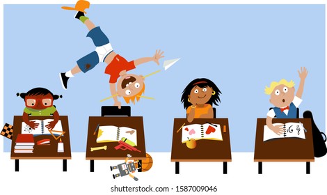 Child With ADHD Acting Out In A Classroom, EPS 8 Vector Illustration