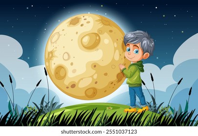 A child admires the moon on a grassy hill