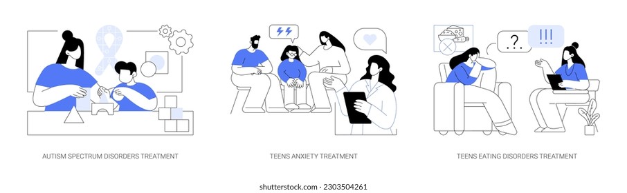 Child and adolescent psychiatry abstract concept vector illustration set. Autism spectrum disorders treatment, teens anxiety, teens eating disorders, mental health problems abstract metaphor.