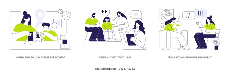 Conjunto de Ilustración vectorial de concepto abstracto de psiquiatría infantil y adolescente. Tratamiento de trastornos del espectro autista, ansiedad en adolescentes, trastornos alimenticios en adolescentes, problemas de salud mental, metáfora abstracta.