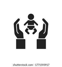 Child adoption black glyph icon. Hand holding baby, childcare concept. Not traditional family. Lesbian and Gay parents. Sign for web page, mobile app, logo