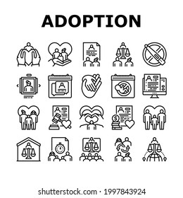 Child Adoption Care Collection Icons Set Vector. Child Adoption Cost And Schedule Consultation, Unplanned Pregnancy And Infertility Problem Black Contour Illustrations