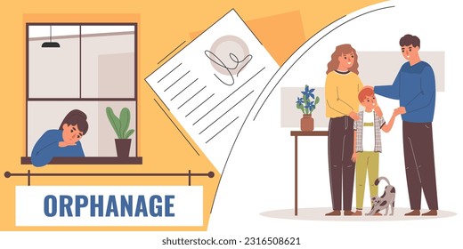 Child adoption collage in flat style with lonely boy in orphanage and happy adopted son in new family vector illustration