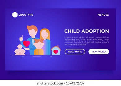 Child adoption concept with flat icons: adoptive parents, helping hand, orphan, home care, custody, caregivers, happy kid. Vector illustration, template with copy space.