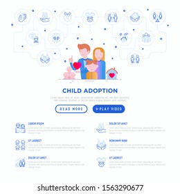 Child adoption concept with thin line icons: adoptive parents, helping hand, orphan, home care, LGBT couple with child, custody, caregivers, happy kid. Vector illustration, template with copy space.