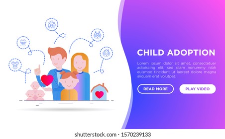 Child adoption concept with thin line icons: adoptive parents, helping hand, orphan, home care, custody, caregivers, happy kid. Vector illustration, template with copy space.