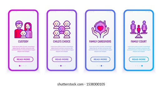 Child adoption mobile user interface with thin line icons: custody, child's choice, family caregivers. Modern vector illustration with copy space.