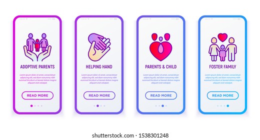 Child adoption mobile user interface with thin line icons: adoptive parents, helping hand, foster family. Modern vector illustration with copy space.