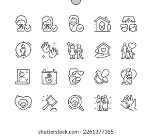 Child adoption. Orphanage. Foster baby. Adoption date. Baby hands. Pixel Perfect Vector Thin Line Icons. Simple Minimal Pictogram