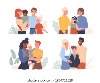 Child adoption scenes. Diverse multicultural foster families, couples adopt children. Parents embracing happy adopted daughters and sons. Set of flat cartoon vector illustrations isolated on white