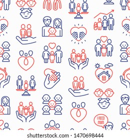 Child adoption seamless pattern with thin line icons: adoptive parents, helping hand, orphan, home care, LGBT couple with child, custody, cargivers, happy kid. Modern vector illustration.