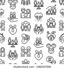 Child adoption seamless pattern with thin line icons: adoptive parents, helping hand, orphan, home care, LGBT couple with child, custody, cargivers, happy kid. Modern vector illustration. - Shutterstock ID 1482437000