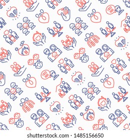Child adoption seamless pattern with thin line icons: adoptive parents, helping hand, orphan, home care, LGBT couple with child, custody, cargivers, happy kid. Modern vector illustration.