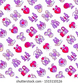 Child adoption seamless pattern with thin line icons: adoptive parents, helping hand, orphan, home care, LGBT couple with child, custody, cargivers, happy kid. Modern vector illustration.