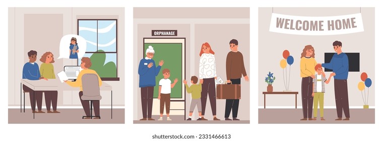 Child adoption set family adopting boy from orphanage and welcoming him home flat isolated vector illustration