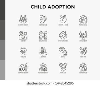 Child adoption thin line icons set: adoptive parents, helping hand, orphan, home care, LGBT couple with child, custody, cargivers, happy kid. Modern vector illustration.