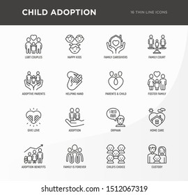 Child adoption thin line icons set: adoptive parents, helping hand, orphan, home care, LGBT couple with child, custody, cargivers, happy kid. Modern vector illustration.