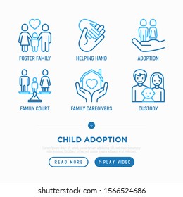 Child adoption thin line icons set: adoptive parents, helping hand, orphan, home care, custody, caregivers, happy kid. Modern vector illustration.