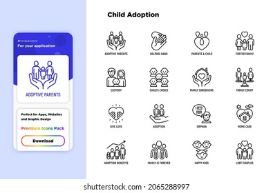 Juego de iconos de línea delgada para adopción de menores: padres adoptivos, ayudantes, huérfanos, cuidados en el hogar, pareja LGBT con hijos, custodia, cuidadores, niño feliz. Ilustración vectorial moderna.