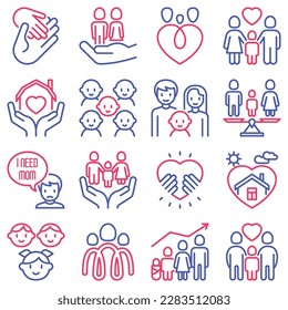 Child adoption thin line icons set: adoptive parents, helping hand, orphan, home care, LGBT couple with child, custody, caregivers, happy kid. Modern vector illustration.