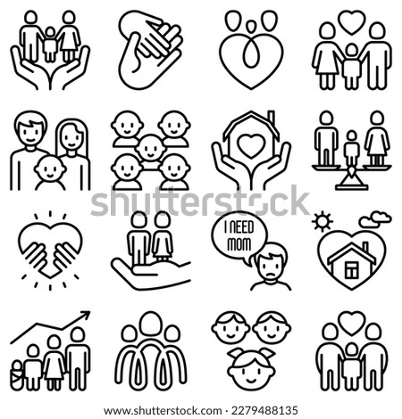 Child adoption thin line icons set: adoptive parents, helping hand, orphan, home care, LGBT couple with child, custody, caregivers, happy kid. Modern vector illustration.