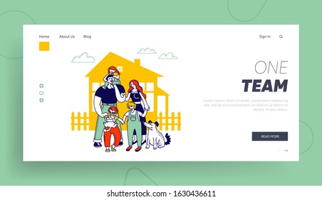 Child Adoption Website Landing Page. Big Happy Family Parents, Kids and Dog Stand at House Front Yard at Summer. Mother Father and Children Web Page Banner. Cartoon Flat Vector Illustration, Line Art