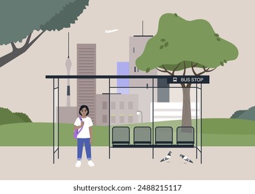 A child, adorned with a purple backpack, waits patiently at a city bus stop, the bustling cityscape forming a backdrop to their tranquil anticipation