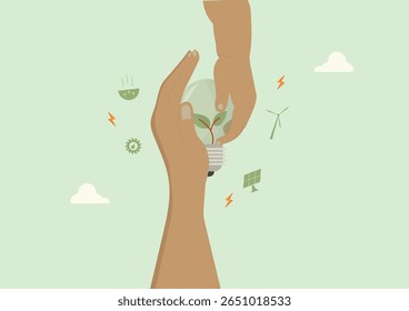 Child and adult hands protecting growing plant sprout surrounded by renewable energy icons including wind turbine, solar panel and geothermal symbols. Renewable energy. Flat style. Vector illustration